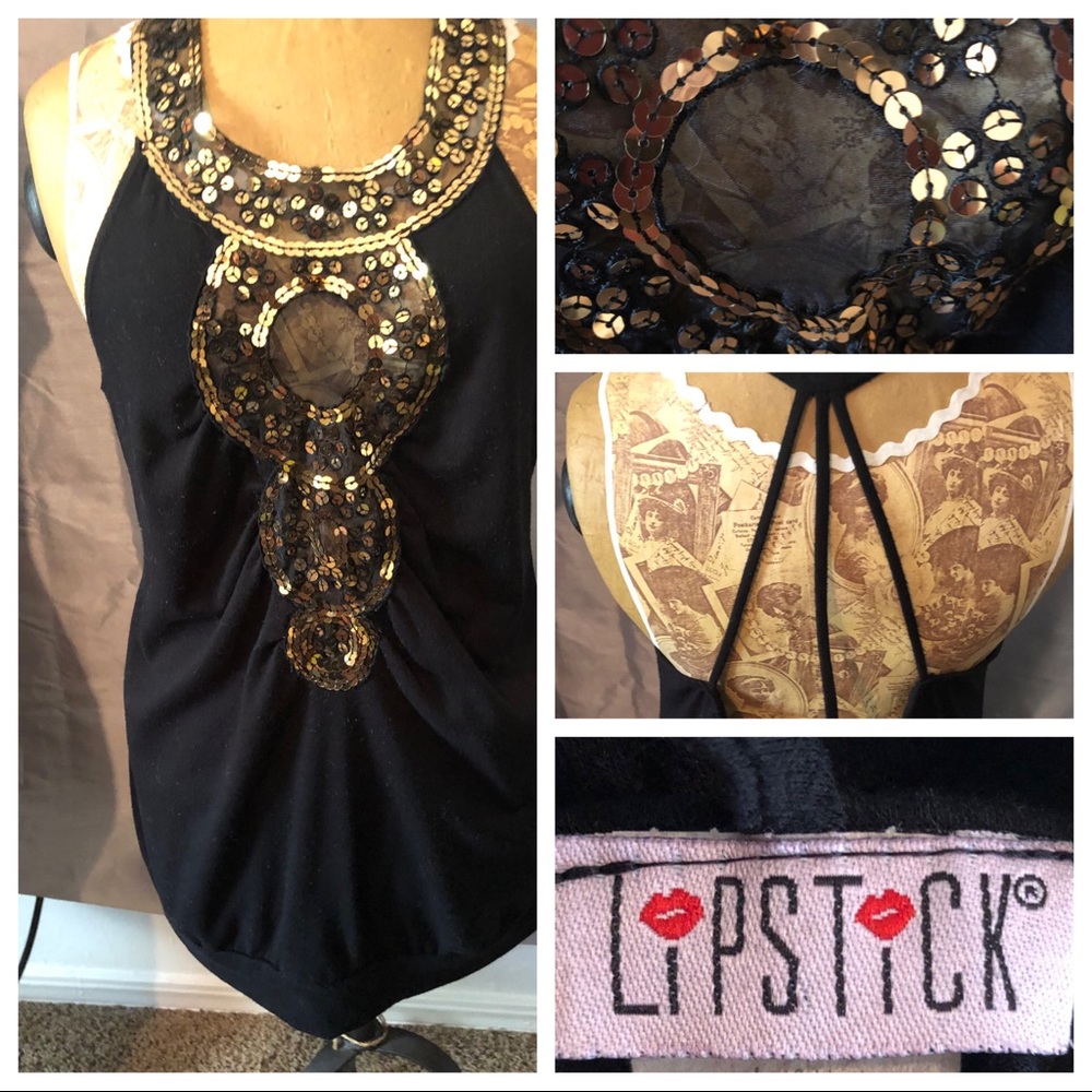 Lipstick. Black sequined halter top. Size M/ME